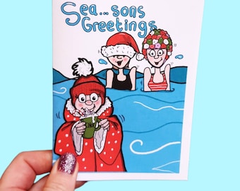 Sea swimmer, Christmas card,swimming card,sea,Christmas, funny Christmas card