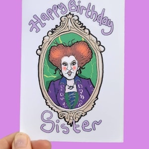 Feliz aniversário irmã, aniversário engraçado, cartão, irmã, hocus pocus, aniversário da irmã