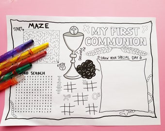 Downloadable first communion activity sheet, communion, activity, colouring, instant download,placemat