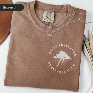 May include: Espresso-colored Comfort Colors t-shirt with a crew neck. The shirt features a graphic of a cloud with lightning and the text "DAILY SHITSTORM SURVIVORS CLUB". A silver necklace with a pendant is on the shirt.