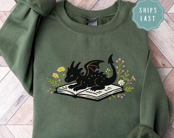Book Dragon Sweatshirt, Fantasy Reader Sweatshirt, Bookworm Crewneck, Bookish Gift, Fantasy Lover Shirt, Cottagecore Book Lover Sweater