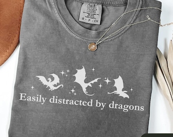 Comfort Colors Easily Distracted by Dragons Shirt, Book Lover Gift, Funny Book Shirt, Dragon Lover Gift, Reader Tshirt, Bookworm