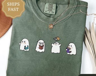 Comfort Colors Ghost Reading Books Shirt, Cute Ghost Tee, Ghost Shirt for Book Lovers, Bookish Halloween Tshirt, Teacher Halloween Shirt