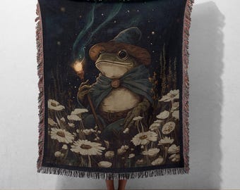 Wizard Frog Woven Blanket Goblincore Decor, Fantasy Tapestry Throw Blanket, Dark Cottagecore Throw, Mystical Gift, Cozy Fantasy Lover Gift
