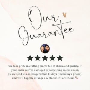 May include: A cream-coloured graphic with the words "Our Guarantee" in elegant script. Below are five black stars, a photo of a couple, and text about replacements or refunds within 14 days.