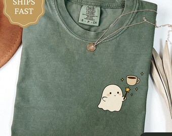 Comfort Colors Ghost Coffee Shirt, Cute Ghost Tee, Cute Halloween Shirt, Halloween Coffee Lover Shirt, Boo Ghost Shirt, Halloween Coffee Tee