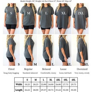 May include: Size fit guide for Comfort Colors 1717 t-shirts. The image shows various sizes, from S to 2XL, with front and side views. A size chart provides measurements in inches for width, length, and sleeve length. The model is 5'8" and 145 lbs.