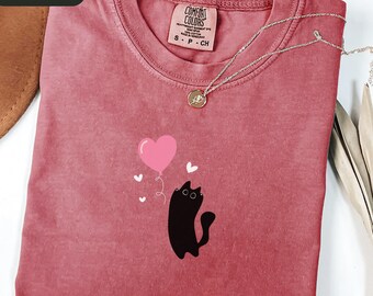 Comfort Colors Black Cat Valentine Shirt, Valentine Cat Shirt, Cute Valentines Cat Tee, Cat Lover Shirt, Cat Lover Valentines Day Gift