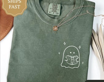 Comfort Colors Ghost Reading Books Shirt, Cute Ghost Tee, Ghost Shirt for Book Lovers, Bookish Halloween Tshirt, Teacher Halloween Shirt
