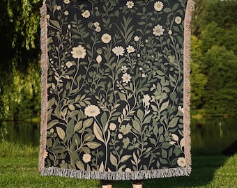 Botanical Cottagecore Tapestry, Dark Academia Throw, Floral Cottagecore Tapestry, Woodland Blanket, Nature Gift, Cozy Woven Blanket