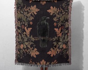 Raven Woven Blanket, Crow Lover Throw Blanket, Gothic Home Decor, Dark Academia Tapestry, Dark Fantasy Gift, Dark Cottagecore Blanket