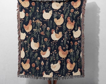 Country Chicken Woven Blanket, Cozy Cottagecore Floral Blanket, Farmhouse Decor, Chicken Lover Gift, Chicken Decor, Floral Chicken Throw