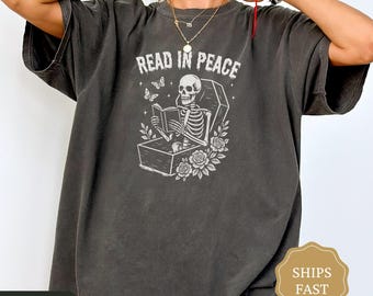 Comfort Colors Halloween Shirt, Read In Peace Skeleton Reading Shirt, Bookish Halloween Tee, Funny Halloween Book Lover Shirt, Skeleton Tee