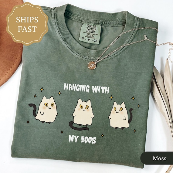 Comfort Colors Ghost Cat Shirt, Hanging With My Boos Halloween Tee, Cute Ghost Tshirt, Funny Cat Tee, Halloween Party Outfit, Spooky Season