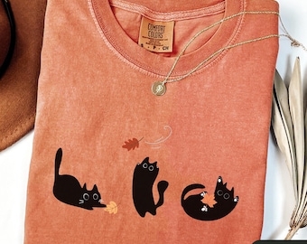 Comfort Colors Black Cats Fall Shirt, Black Cats and Fall Leaves Tee, Cute Halloween Cat Tee, Autumn Cat Shirt, Cozy Cat Lover Gift