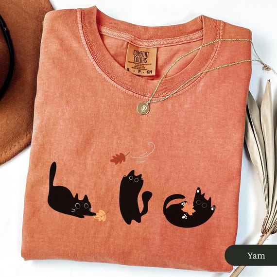 Comfort Colors Black Cats Fall Shirt, Black Cats and Fall Leaves Tee, Cute Halloween Cat Tee, Autumn Cat Shirt, Cozy Cat Lover Gift