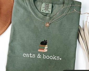 Cats And Books Comfort Colors Shirt, Booklover T-Shirt, Booklover Gift, Cat Person Gift, Gift For Catlover, Cat Lady Shirt, Bookish Tee