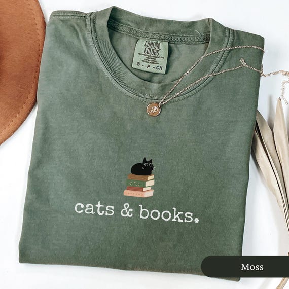 Cats And Books Comfort Colors Shirt, Booklover T-Shirt, Booklover Gift, Cat Person Gift, Gift For Catlover, Cat Lady Shirt, Bookish Tee