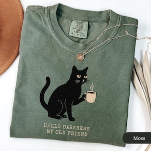 Funny Cat Comfort Colors Shirt, Funny Black Cat Halloween Shirt, Gift for Coffee Lover, Coffee Lover Shirt, Gag Gift, Hello Darkness