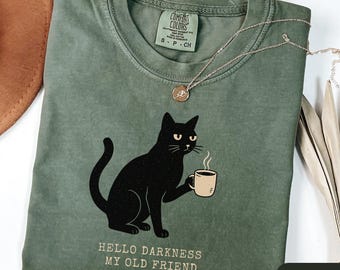 Funny Cat Comfort Colors Shirt, Funny Black Cat Halloween Shirt, Gift for Coffee Lover, Coffee Lover Shirt, Gag Gift, Hello Darkness