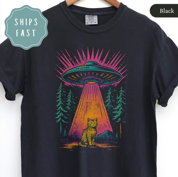 Comfort Colors UFO Abduction Cat Shirt, Retro Graphic Alient Tshirt, Alien Lover Gift, Funny Alien Abduction Tee, Paranormal UFO Tee