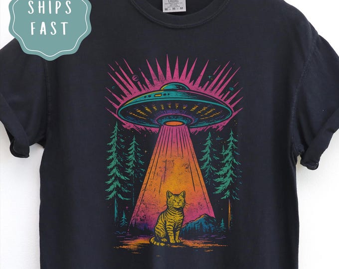 Comfort Colors UFO Abduction Cat Shirt, Retro Graphic Alient Tshirt, Alien Lover Gift, Funny Alien Abduction Tee, Paranormal UFO Tee