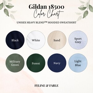 May include: Color chart for Gildan 18500 unisex heavy blend hooded sweatshirts. The chart displays eight color options: black, white, sand, sport grey, military green, forest, navy, and light blue. The brand name "FELINE & FABLE" is at the bottom.