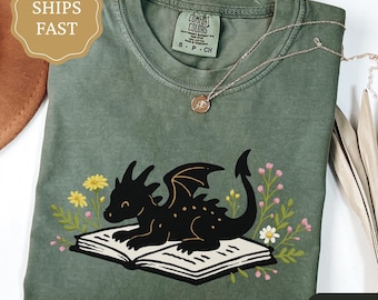 Comfort Colors Book Dragon Shirt, Fantasy Reader Shirt, Bookworm Tee, Bookish Gift, Fantasy Lover Tshirt, Cottagecore Book Lover Shirt