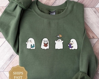Cute Ghost Reading Books Sweatshirt, Cute Ghost Sweater, Ghost Shirt for Book Lovers, Bookish Halloween Sweatshirt, Teacher Halloween Shirt