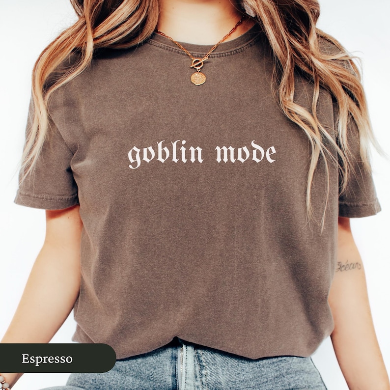 May include: Espresso-colored t-shirt with the phrase "goblin mode" printed in white gothic font across the chest. The shirt has short sleeves and a crew neck. The fabric appears soft and slightly faded.
