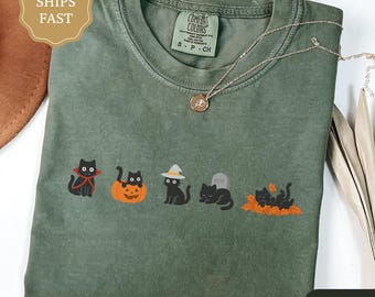 Camiseta de Halloween con gatos negros y colores cómodos, camiseta de gato negro adorable, camiseta de Halloween para amantes de los gatos, camiseta retro de Halloween, gato espeluznante, camiseta de gato adorable