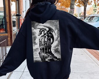 Grimdark Vintage Dragon Hoodie, Retro Dragon Sweatshirt, Dragon Lovers Gift, Medieval Sweatshirt, Dark Fantasy Shirt, Castlecore Pullover