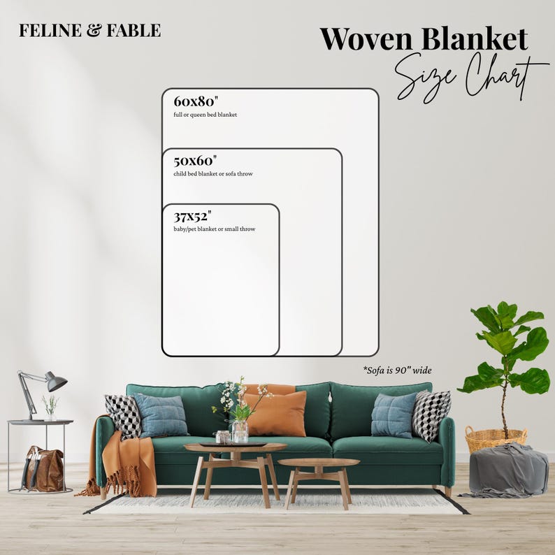 K&ouml;nnte beinhalten: Eine Gr&ouml;&szlig;entabelle f&uuml;r gewebte Decken mit den Ma&szlig;en 152x203 cm, 127x152 cm und 94x132 cm. Der Text "FELINE & FABLE" und "Woven Blanket Size Chart" sind zu sehen. Das Sofa ist 229 cm breit.