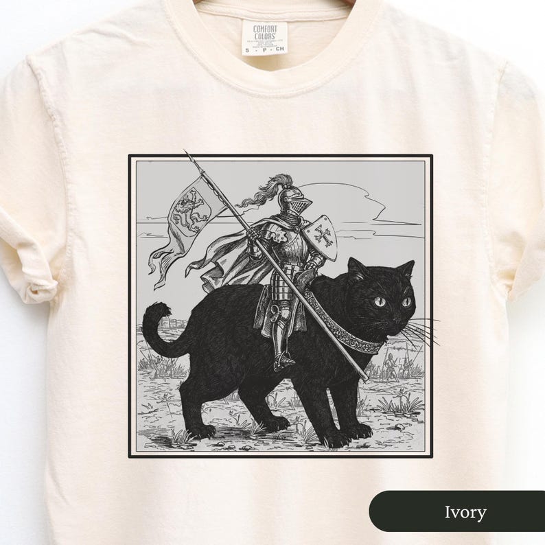 May include: A black and white illustration of a knight riding a black cat. The knight is wearing armor and holding a sword. The cat is wearing a collar and has a crown on its head. The illustration is set against a white background.