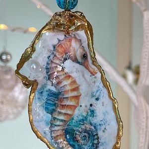 Sea Horse Oyster Shell Art Dish, Seashell Ornament For Lake Or Beach House Mirror Hanging, Seahorse Art Décor For Ocean Lover Gift