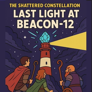 Può includere: Illustrazione di un faro con un cristallo luminoso in cima, che emette un raggio giallo. Tre figure con bastoni e mantelli camminano verso il faro sotto un cielo stellato. Il testo recita "THE SHATTERED CONSTELLATION LAST LIGHT AT BEACON-12 A ONE-SHOT ADVENTURE."
