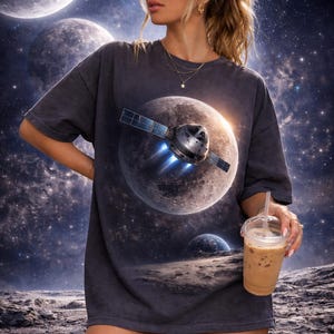 May include: Dark gray oversized t-shirt featuring a space scene with a satellite orbiting a planet. The shirt has a crew neck and short sleeves. The background shows planets and stars. The person is wearing sunglasses and holding a beverage.