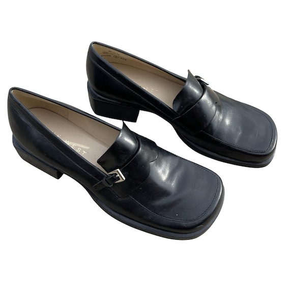Mocasines vintage Nine West Hauser de piel negra con tacón grueso