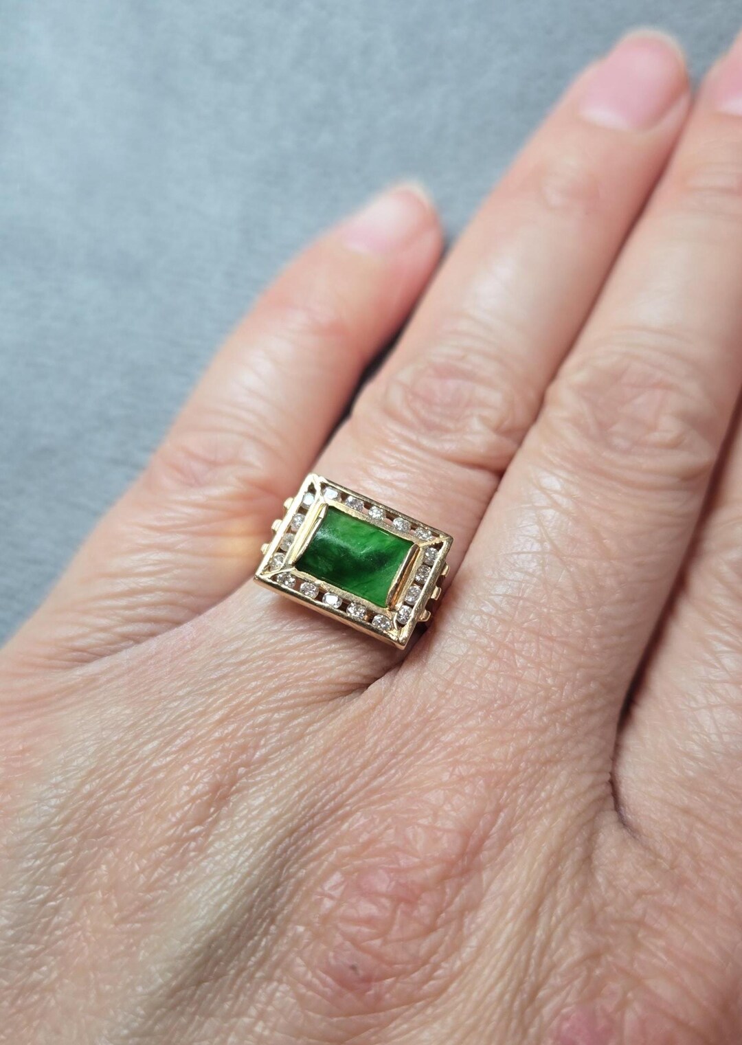 Vintage Natural Green Jade Cocktail Ring With Diamond Halo in Gold ...