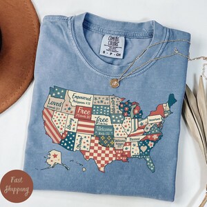 Chemise carte des États-Unis d'Amérique Retro Comfort Colors®, t-shirt Dieu dit que vous êtes, verset biblique du 4 juillet, drapeau des États-Unis, t-shirt fille américaine, t-shirt drapeau américain 1776