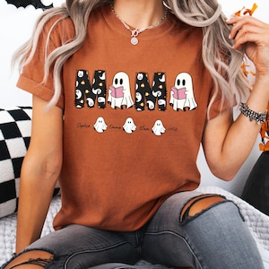 Custom Comfort Colors® Halloween Mama Shirt with Kids Name, Halloween Mimi Gigi Shirt, Spooky Mama Shirt, Personalized Mama Halloween Shirt