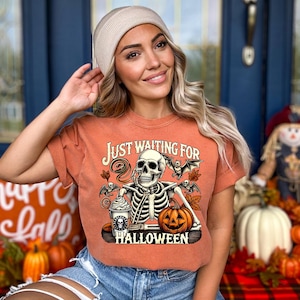Just Waiting for Halloween Comfort Colors® Shirt, Funny Skeleton Pumpkin Shirt, Spooky Fall Graphic Shirt, Retro Halloween Womens Shirt