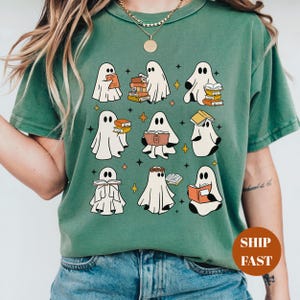 Comfort Colors® Ghost Reading Books Shirt, Bookish Halloween Shirt, Teacher Librarian Halloween Gift, Halloween Book Lover, Halloween School