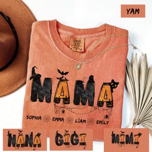 Custom Comfort Colors® Halloween Mama Shirt with Kids Name, Halloween Mimi Gigi Shirt, Spooky Mama Shirt, Personalized Mama Halloween Shirt