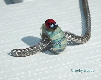 Handmade Large hole Lampwork bead - blue/green with ladybird - Creeky Beads SRA