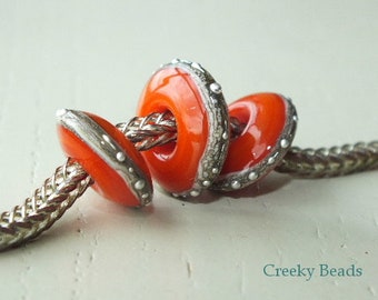 Handmade Lampwork beads - Large hole - Orange and Silver - Creeky Beads SRA