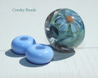 Handmade Lampwork bead - Large hole - Blue floral - Creeky Beads SRA