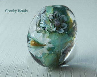 Handmade Lampwork Lentil bead - White & Lilac floral - Creeky Beads SRA