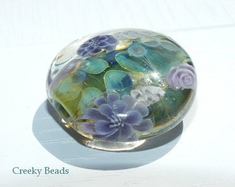 Handmade Lampwork Lentil bead - Green with Purple Flowers - Creeky Beads SRA
