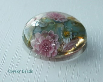 Handmade Lentil bead - pink flowers - Creeky Beads SRA